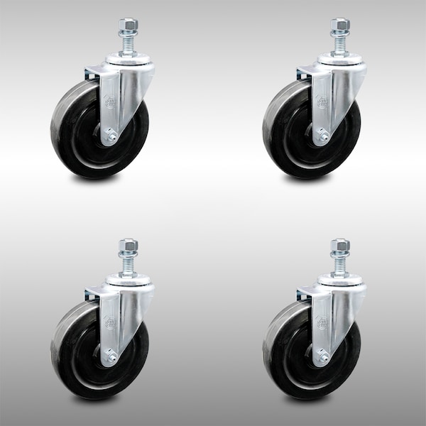 5 Inch SS Hard Rubber Wheel Swivel 1/2 Inch Threaded Stem Caster Set SCC